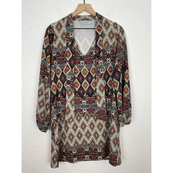 Veronica M. Geometric Print Long Sleeve Tie-Neck Dress Size Medium - Picture 3 of 6